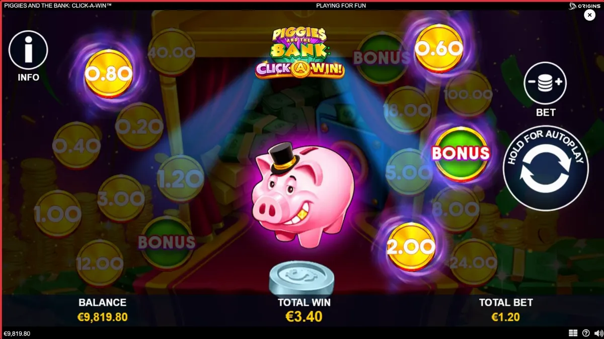 Porquinho elegante com cartola no jogo Piggies and the Bank: Click-A-Win